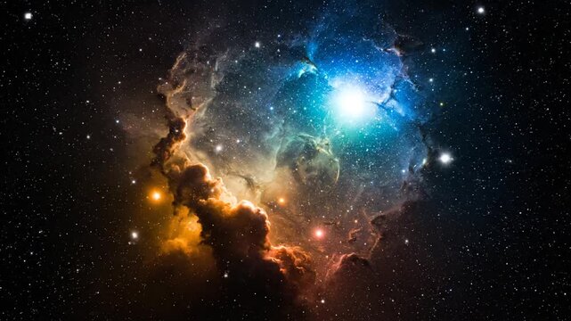 A vibrant nebula glows brightly in the vastness of outer space with stars and gas clouds.