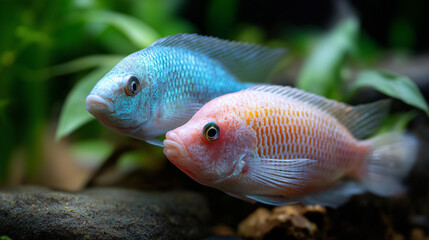 Fototapeta premium Two fish swimming together, one blue and one pink, in clear water, defocused background, colorful pet fish concept, aquatic duo photography, with copy space