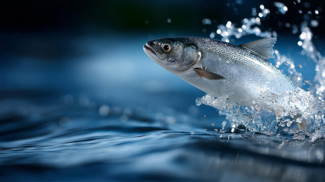 White fish leaping energetically out of blue water with a dramatic splash trail, defocused background, dynamic aquatic movement concept, fish jump photography, with copy space