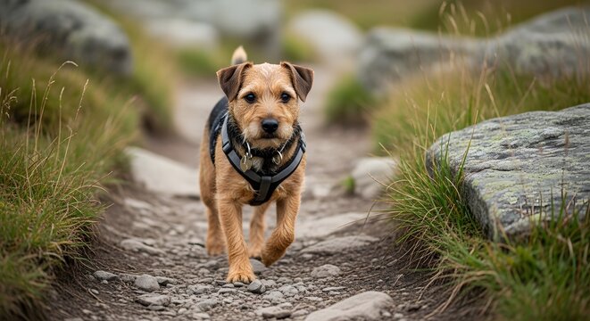 A Border Terrier dog confidently strides down a rocky hiking trail, exuding playful energy. A picturesque landscape is the backdrop for this charming canine.