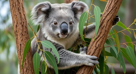 Fototapeta premium A cute baby koala bear cub with grey fur clings to a eucalyptus tree branch in the wild Australian nature