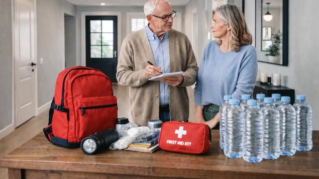 Old couple with check-list packing emergency backpack at home.
