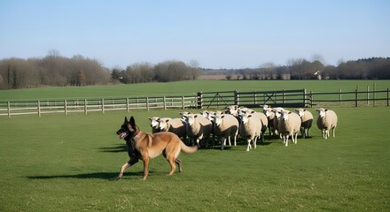 A skilled herding dog guides a flock of sheep across a verdant pasture, showcasing a timeless scene of rural life and animal husbandry under a clear, sunlit sky.