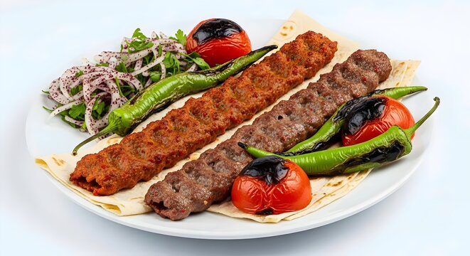kebab adana kebap urfa turkish food, grilled beef minced meat with vegetables on a plate, white background