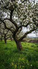 Obraz premium Old apple trees in full bloom in a spring orchard.