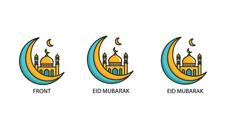 Three identical cartoon illustrations each depicting a golden mosque within a crescent moon are arranged horizontally with text labels on a white background, Generative AI
