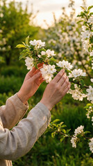 Woman's hands touching apple blossoms in a blooming orchard at sunset.