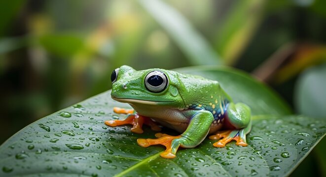 A vibrant green frog with striking eyes perched gracefully on a verdant leaf, showcasing the wonders of the natural world, wet with a fresh rain.