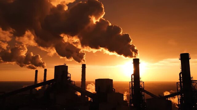 Industrial factory smokestacks pollute air during orange sunset