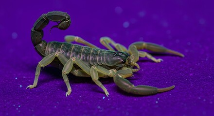 An up-close perspective of a scorpion on a textured violet surface, showcasing intricate detail and vivid color.