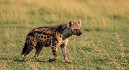 A solitary hyena strides across the African savanna, its spotted coat blending with the golden grasslands under the warm African sun. 