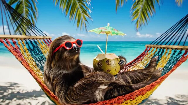 Sloth wearing sunglasses relaxing in a hammock on the beach while drinking from a coconut. Tropical vacation concept with animal enjoying summer holiday lifestyle.