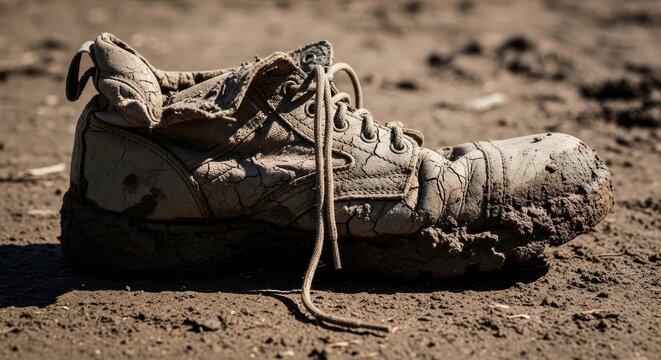 Discarded Mud-Caked Military Boot on Earthy Ground