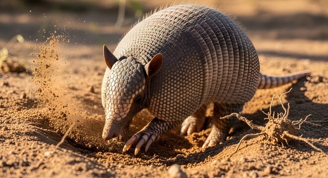 An armadillo in its natural habitat, diligently burrowing into the earth, highlighting the animal's unique armored shell and tenacious digging behavior.