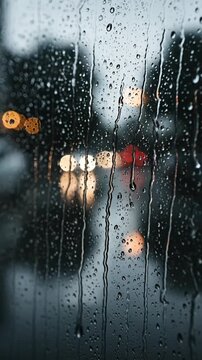 Rainy evening cityscape view through a wet window with blurred lights