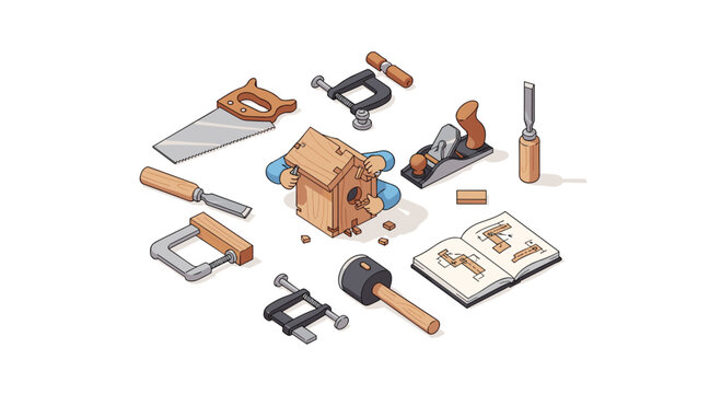 A collection of 10 woodworking tools, including saws and chisels, are neatly arranged around a partially assembled wooden birdhouse with hands working and an open instruction manual.