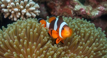 An eye-level view of a vibrant clownfish nestled amongst the delicate tendrils of a sea anemone, capturing the essence of underwater marine life in its natural habitat.
