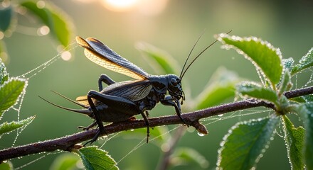 A close-up photograph captures the delicate beauty of a cricket perched on a branch, showcasing the intricate details of its form and habitat in vivid detail. 