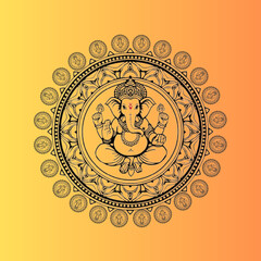 Obraz premium Lord Ganesha Mandala on Orange Gradient Background – Sacred Hindu Elephant God Spiritual Illustration. Ai generated