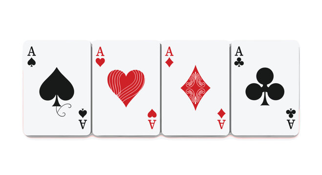 Four aces from a deck of playing cards, featuring spades, hearts, diamonds, and clubs, are neatly aligned horizontally on a clean white surface.