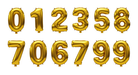 Obraz premium Ten distinct gold metallic foil balloons, numbers 0-9, glossy and reflective on a transparent background with copy space, perfect for celebrating milestones concept.