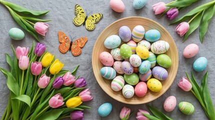 Happy Easter colorful eggs in wooden basket with tulips and butterflies on pastel background