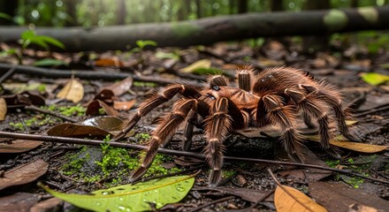 A close-up view of a large, brown tarantula in its natural jungle habitat, highlighting intricate details and textures, perfect for nature enthusiasts.