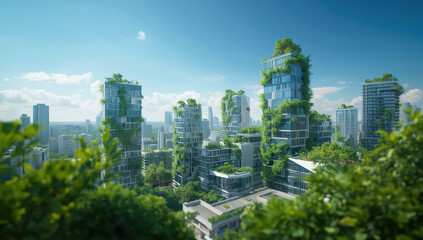 Obraz premium Green vertical cityscape with glass towers wrapped in plants and rooftop gardens