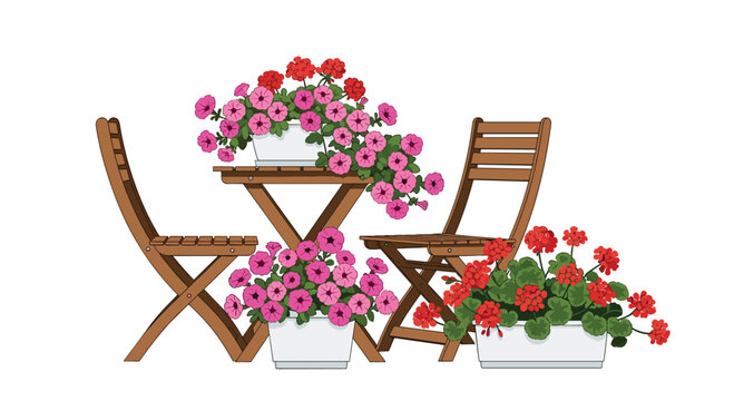 Two wooden folding chairs and a small table are arranged with four white planters filled with pink petunias and red geraniums.