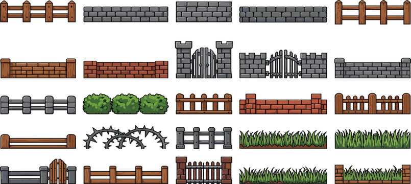 Game Environment Fence and Wall Elements Vector Set with Wooden Barriers, Stone Walls, Bushes and Grass for 2D Platformer Level Design