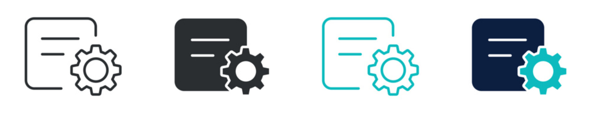 Document settings icon set, file configuration gear management symbol, in outline and solid silhouette style. Vector illustration.