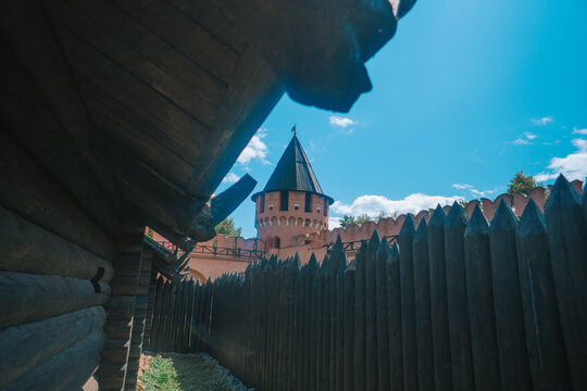 an ancient Russian town with wooden houses