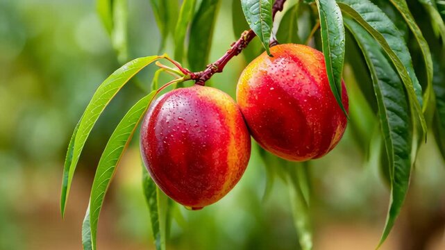 Ripe peach fruits growing on a tree branch. Peaches in a fruit garden orchard. Extreme closeup. August banner. Harvest time. Summer produce for sale, juicy seasonal natural sweet food ready for market