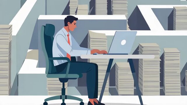 Office Overload: A dedicated professional navigating a maze of paperwork, focused on their laptop in a workspace consumed by an overwhelming amount of documents.