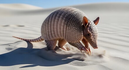 Obraz premium An armadillo is exploring the desert with its unique armored shell, an iconic symbol of resilience in the arid environment. The image shows the armadillo.