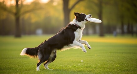 An energetic border collie leaps to catch a flying disc in a sun-drenched park, showcasing agility and boundless joy in a vibrant outdoor setting.