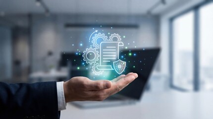Fototapeta premium Businessman holding a holographic icon of document with gear and shield. Digital workflow management and cyber security protection. Professional business process optimization technology.