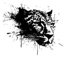 Detailed leopard head portrait with expressive black ink splatter and grunge effects © UrbanDruid