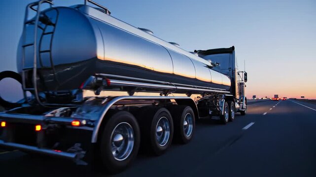 Silver tanker truck driving on highway at sunset. Heavy vehicle transport in logistics industry. Industrial delivery on road during twilight for global commerce.