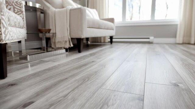 Wood floor. Light wooden flooring closeup. Shiny new hardwood floor. House renovation, changing floor to parquet. Beautiful gray handscraped oiled brushed texture grain. Empty living room, fireplace