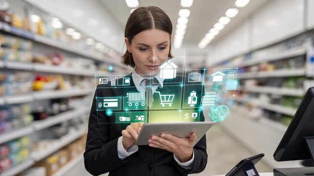 Navigating the Digital Marketplace: A focused store clerk, seamlessly integrates technology with traditional retail, using a tablet to manage inventory, offering a vision of how store operate.