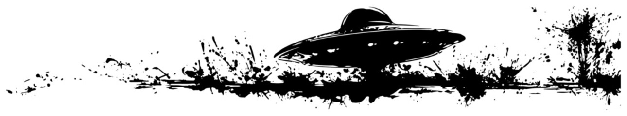 Flying saucer UFO horizontal banner with artistic black ink splatters