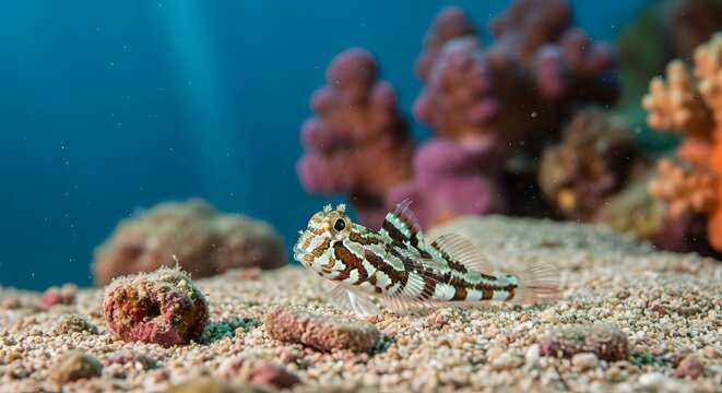 A Striped goby gracefully navigates its natural aquatic habitat amidst vibrant coral reefs and the open sea, showcasing the mesmerizing underwater world.