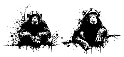 Pair of chimpanzee monkeys portraits in expressive black ink splatter and grunge style © UrbanDruid