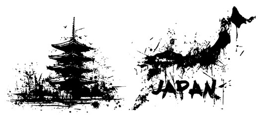 Traditional Japanese pagoda and map of Japan in heavy ink splatter grunge style © UrbanDruid