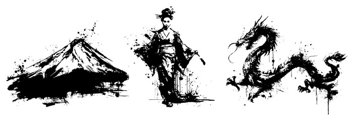 Traditional Japanese culture set featuring Mount Fuji a geisha and a dragon with ink splatters