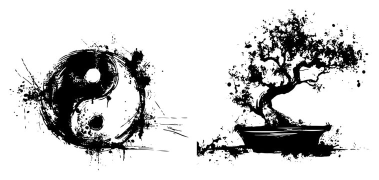 Zen bonsai tree and yin yang symbol in artistic black ink splatter design