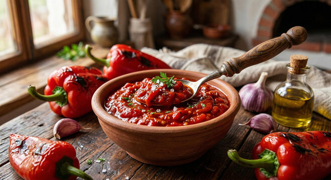 Authentic Homemade Red Pepper Ajvar in a Rustic Clay Bowl