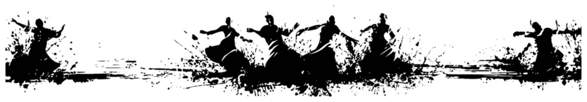 Sufi whirling dervishes dance silhouette border in artistic black ink splatter and grunge style