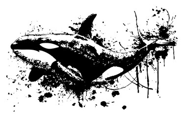 Orca killer whale jumping with artistic black ink splatters and water splash © UrbanDruid
